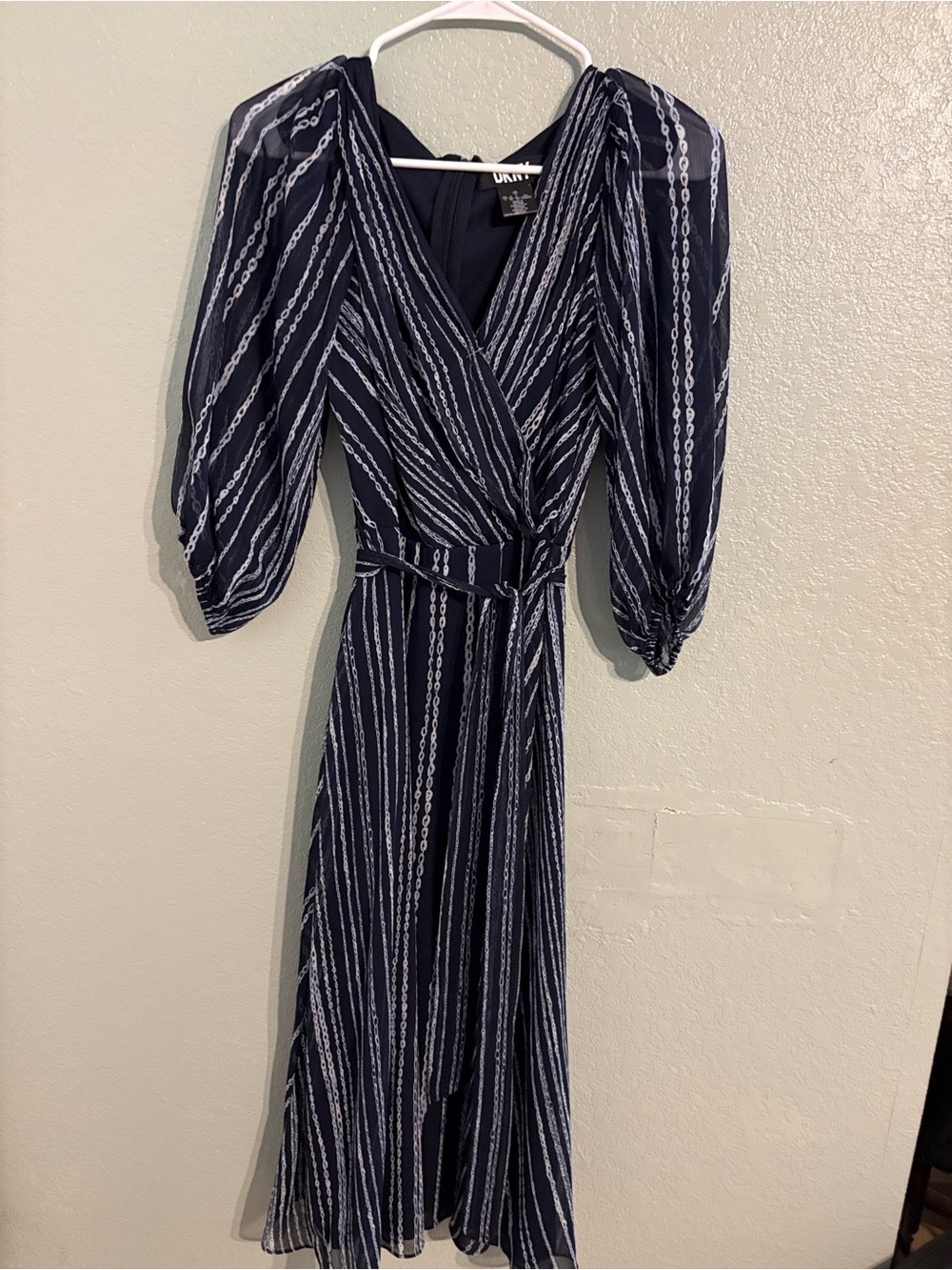 DKNY Navy and White Striped Wrap Midi Dress